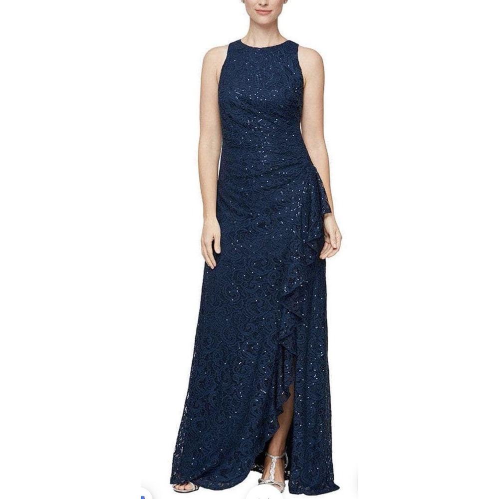 ALEX EVENINGS Navy Blue Sequin Ruched Ruffle A-Line Gown Dress sz.6 NWT $239